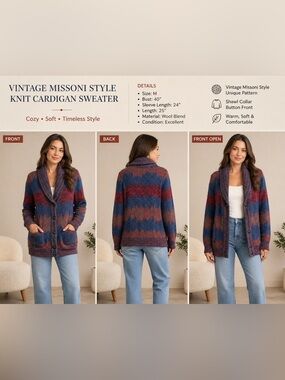 VTG Wool Chunky Knit Cardigan Shawl Collar Missoni Style Multicolor Sweater M 90